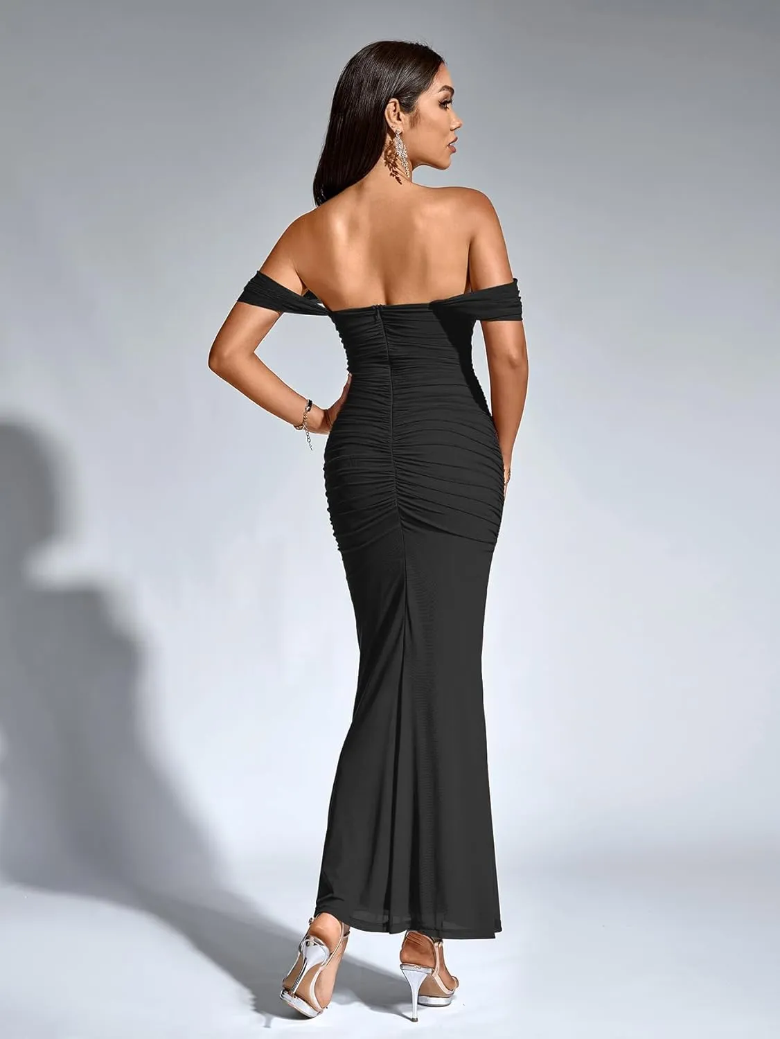 KUTUMAI Off The Shoulder Maxi Long Dress Corset Ruched Bodycon Formal Wedding Guest Dresses for Women
