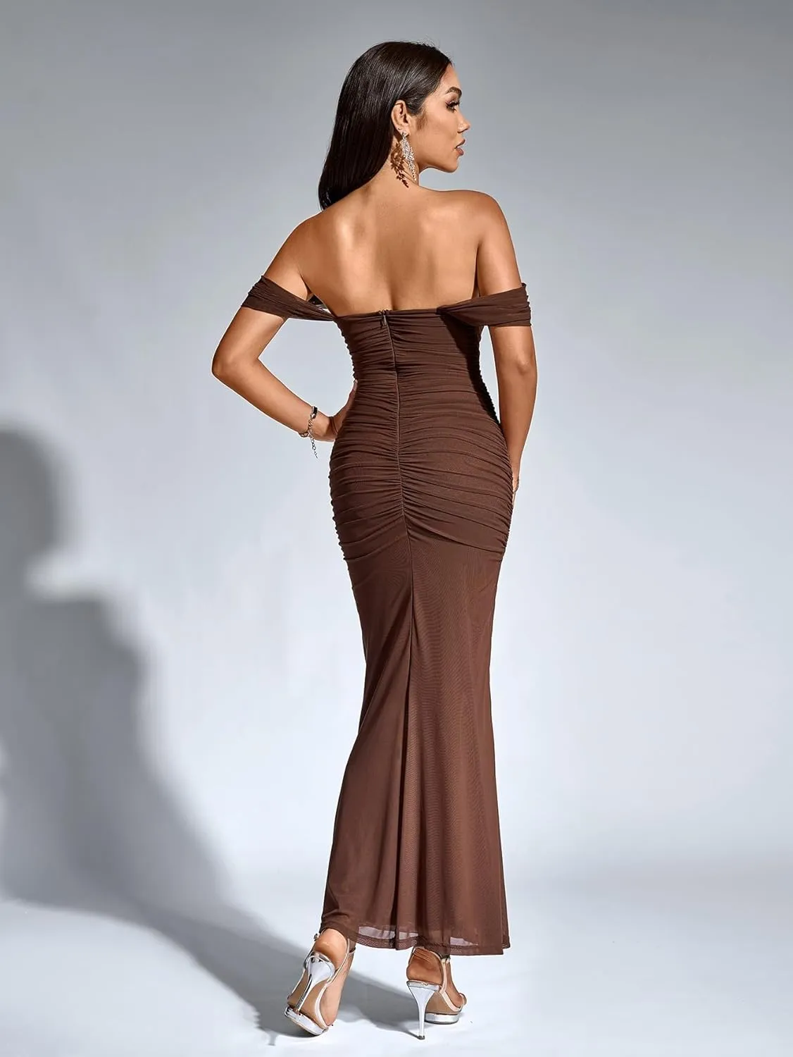 KUTUMAI Off The Shoulder Maxi Long Dress Corset Ruched Bodycon Formal Wedding Guest Dresses for Women