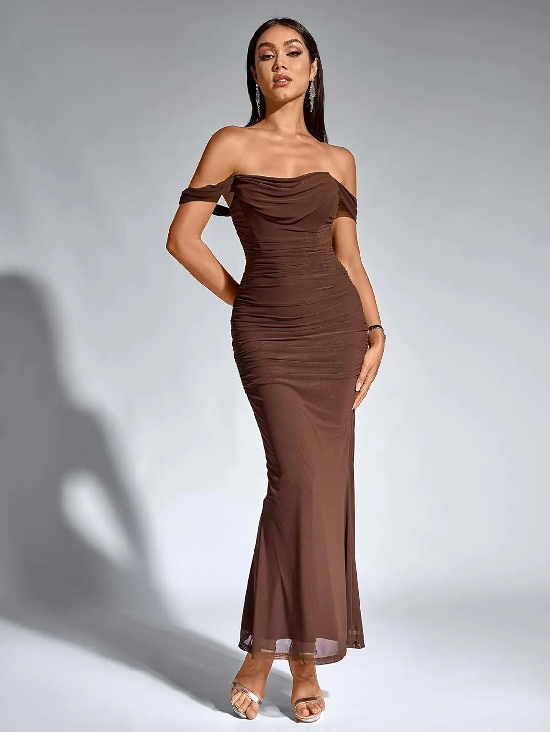KUTUMAI Off The Shoulder Maxi Long Dress Corset Ruched Bodycon Formal Wedding Guest Dresses for Women