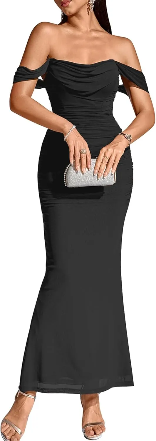 KUTUMAI Off The Shoulder Maxi Long Dress Corset Ruched Bodycon Formal Wedding Guest Dresses for Women