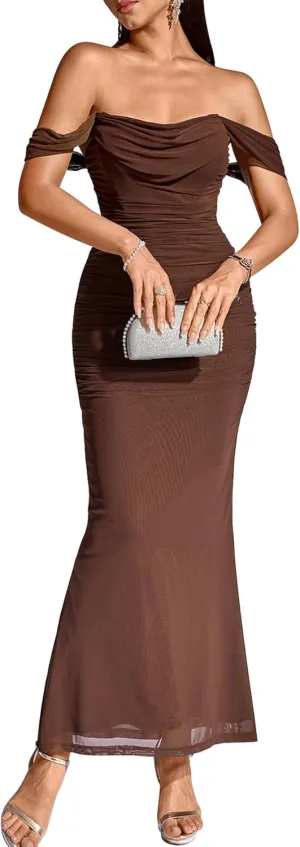 KUTUMAI Off The Shoulder Maxi Long Dress Corset Ruched Bodycon Formal Wedding Guest Dresses for Women