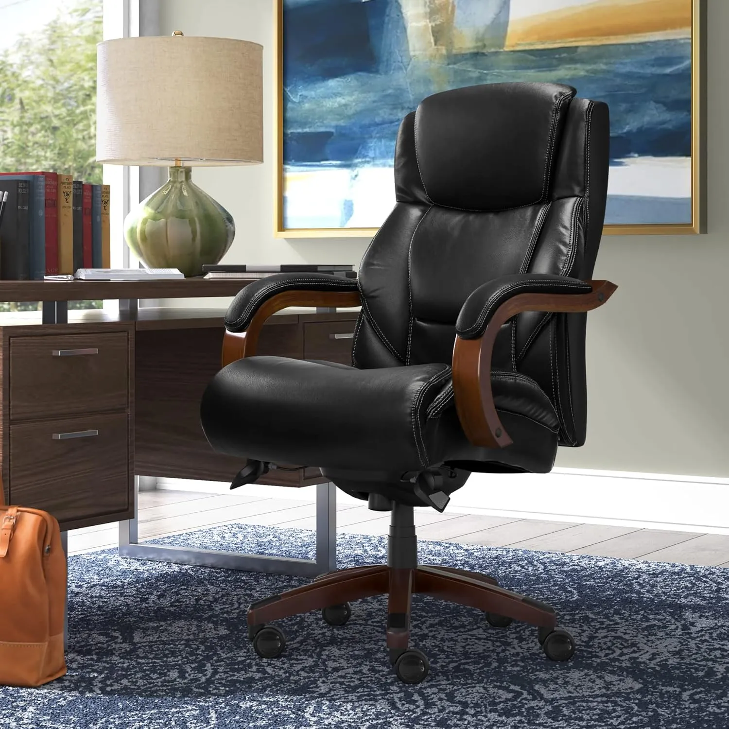 La-Z-Boy Delano Big & Tall Executive Office Chair, Ergonomic Mid-Back with Body Pillow Lumbar Support, ComfortCore with Memory Foam Cushion, Mahogany Wood Arms and Swivel Base, Bonded Leather, Black