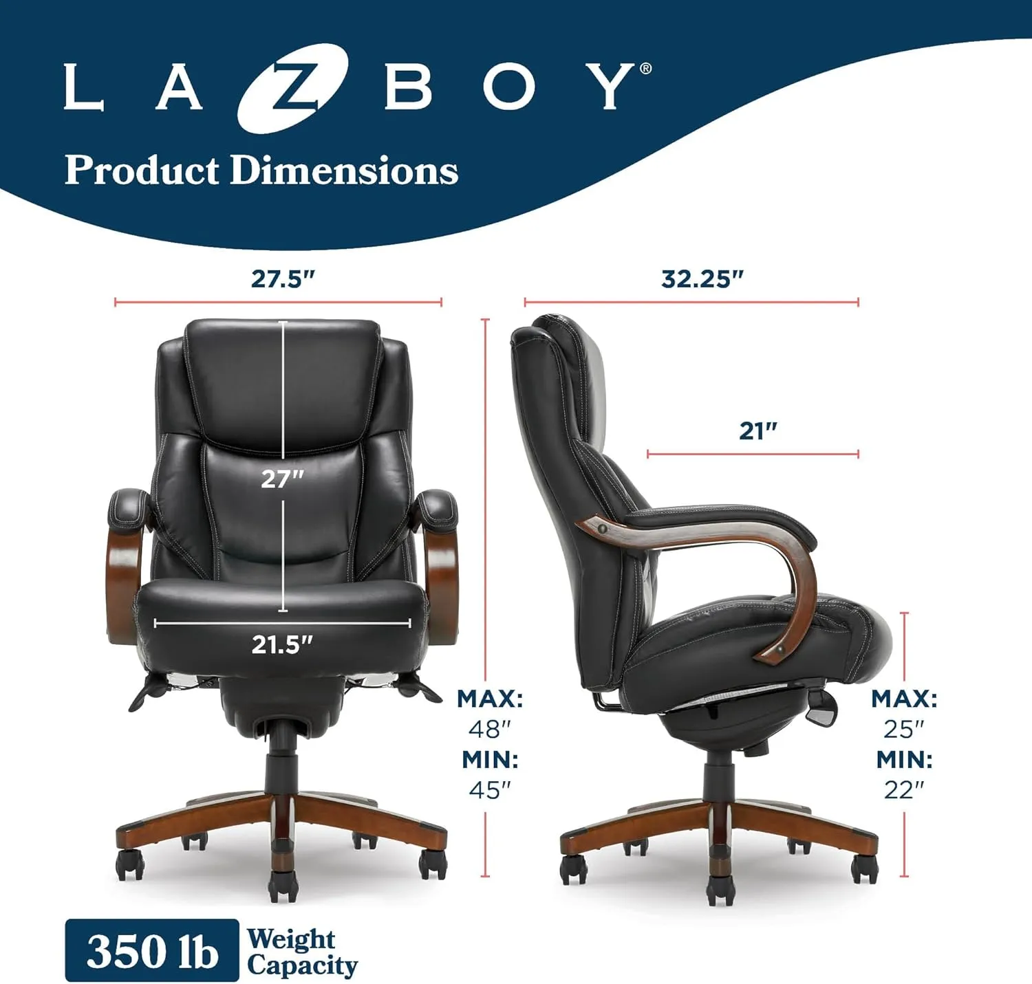 La-Z-Boy Delano Big & Tall Executive Office Chair, Ergonomic Mid-Back with Body Pillow Lumbar Support, ComfortCore with Memory Foam Cushion, Mahogany Wood Arms and Swivel Base, Bonded Leather, Black