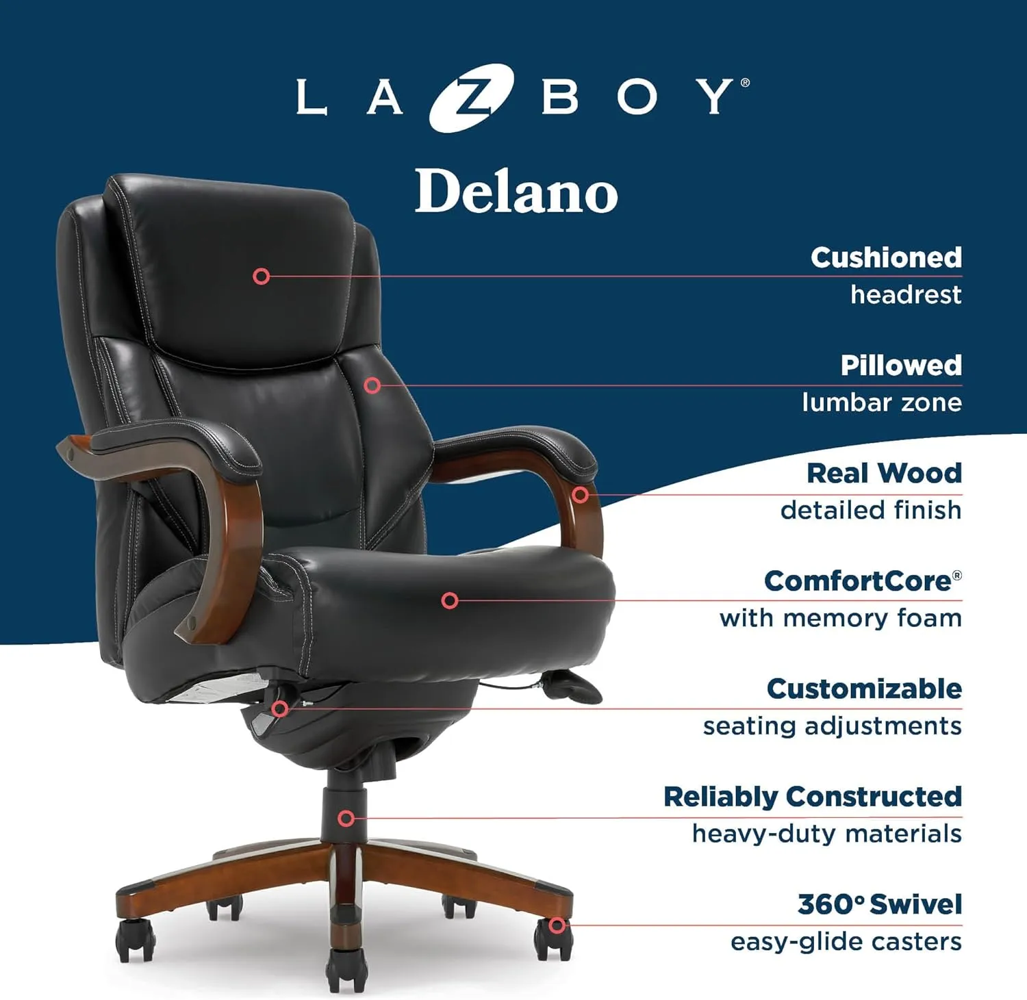 La-Z-Boy Delano Big & Tall Executive Office Chair, Ergonomic Mid-Back with Body Pillow Lumbar Support, ComfortCore with Memory Foam Cushion, Mahogany Wood Arms and Swivel Base, Bonded Leather, Black