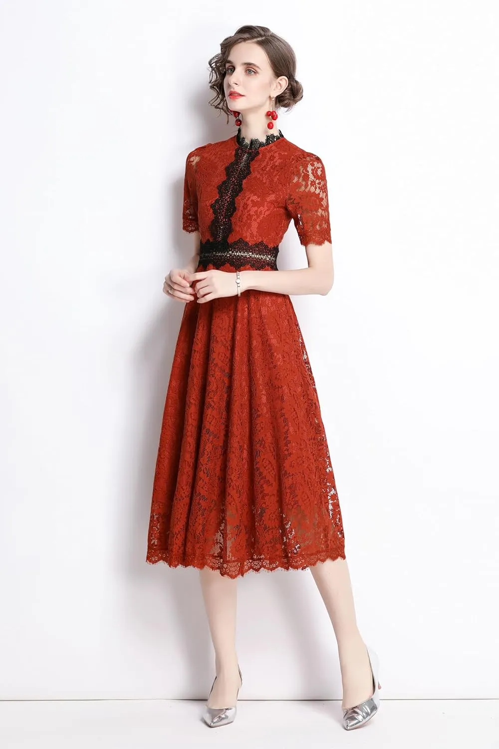 LAI MENG FIVE CATS Women's Short Sleeve Elegant Floral Lace Cocktail Party Swing Midi Dance Dress