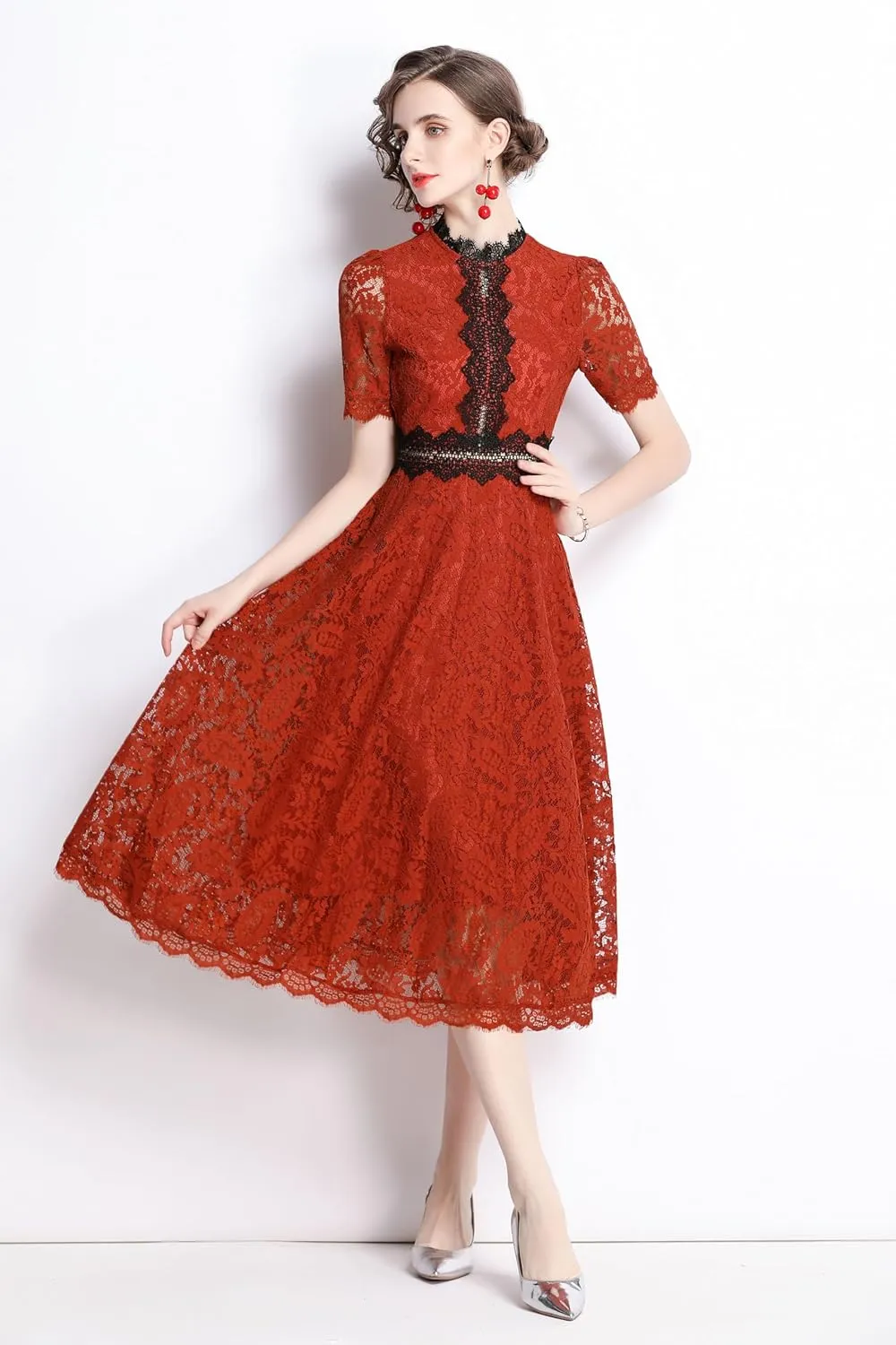 LAI MENG FIVE CATS Women's Short Sleeve Elegant Floral Lace Cocktail Party Swing Midi Dance Dress
