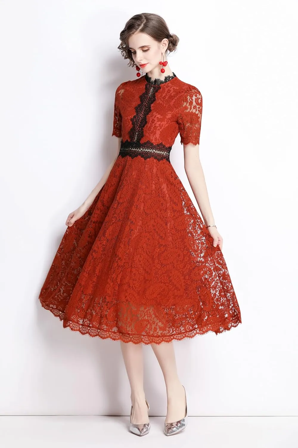 LAI MENG FIVE CATS Women's Short Sleeve Elegant Floral Lace Cocktail Party Swing Midi Dance Dress