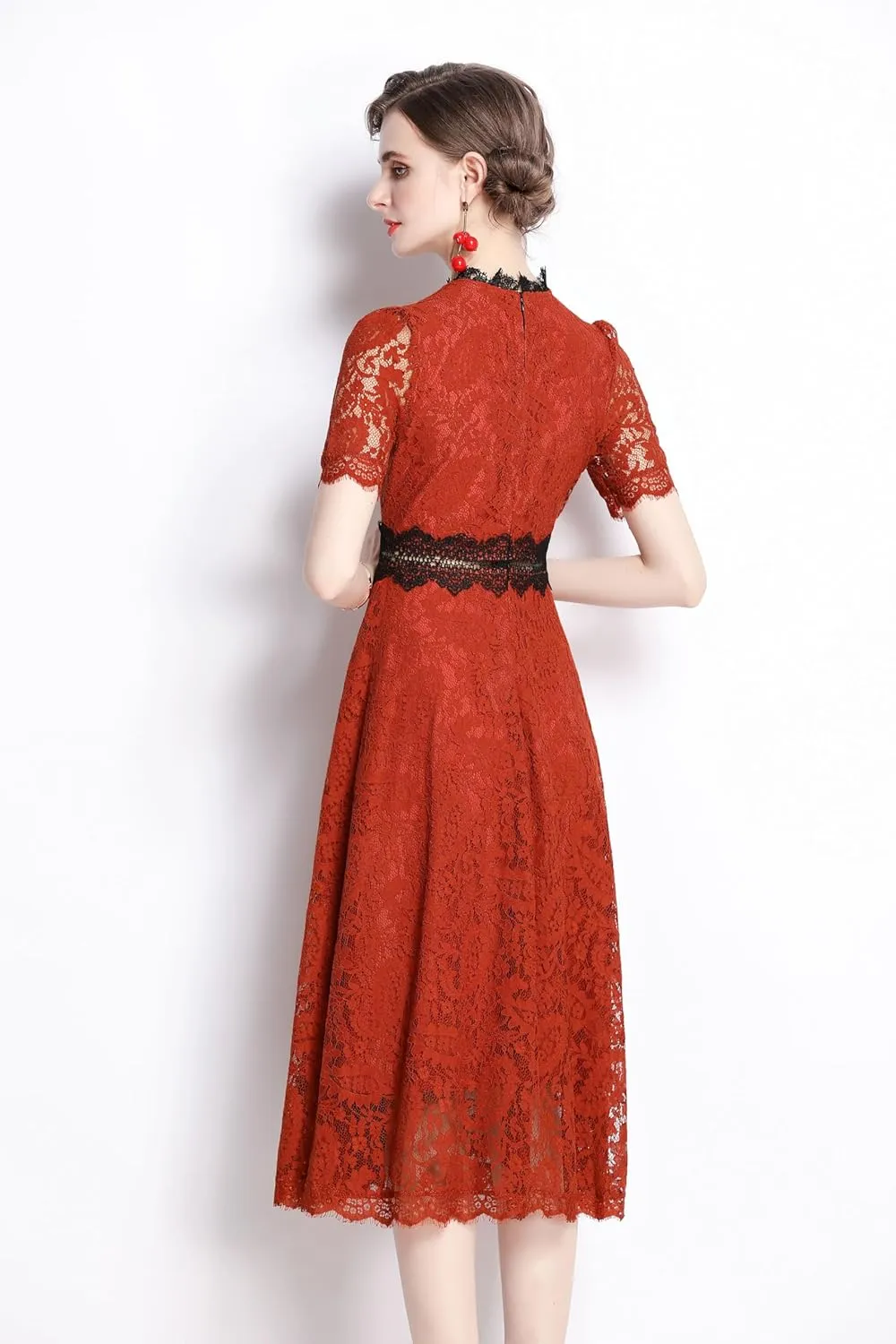 LAI MENG FIVE CATS Women's Short Sleeve Elegant Floral Lace Cocktail Party Swing Midi Dance Dress