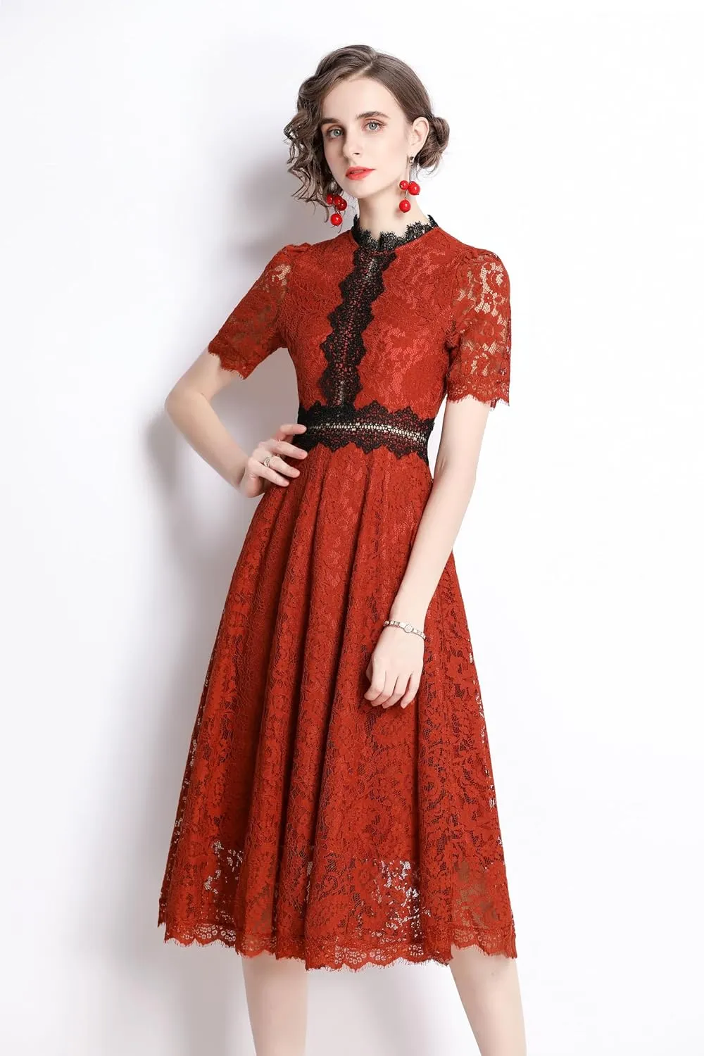 LAI MENG FIVE CATS Women's Short Sleeve Elegant Floral Lace Cocktail Party Swing Midi Dance Dress