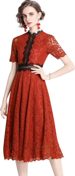 LAI MENG FIVE CATS Women's Short Sleeve Elegant Floral Lace Cocktail Party Swing Midi Dance Dress