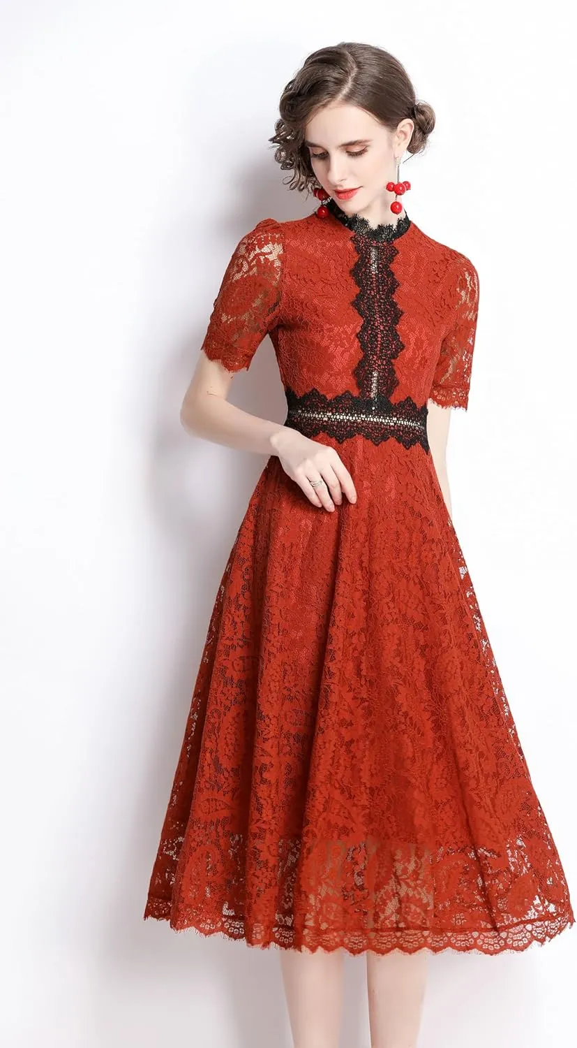 LAI MENG FIVE CATS Women's Short Sleeve Elegant Floral Lace Cocktail Party Swing Midi Dance Dress