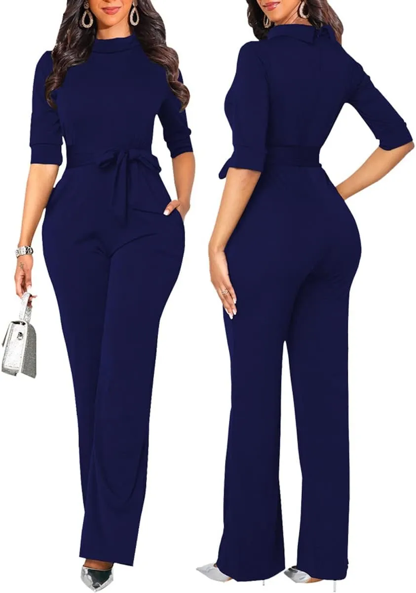 LaiyiVic Jumpsuits for Women Elegant Formal Turtle Neck Sexy One Piece Wide Leg Pants Rompers