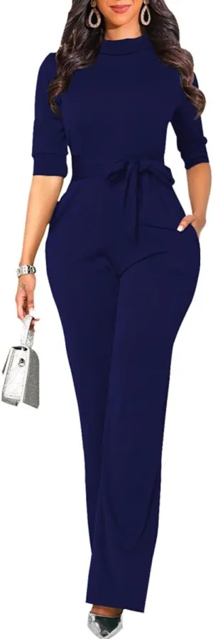 LaiyiVic Jumpsuits for Women Elegant Formal Turtle Neck Sexy One Piece Wide Leg Pants Rompers