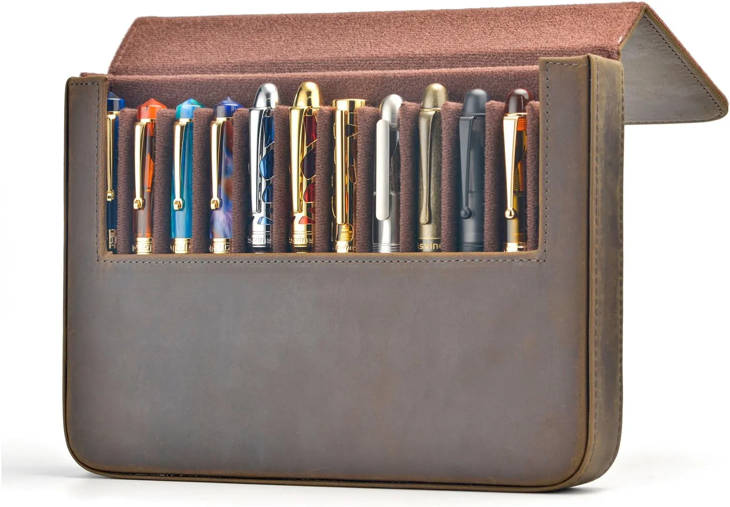 Lanxivi 12 Fountain Pen Case Genuine Leather Organizer, Crazy Horse Cowhide Leather Portable Pen Bag Pouch Drawer Style