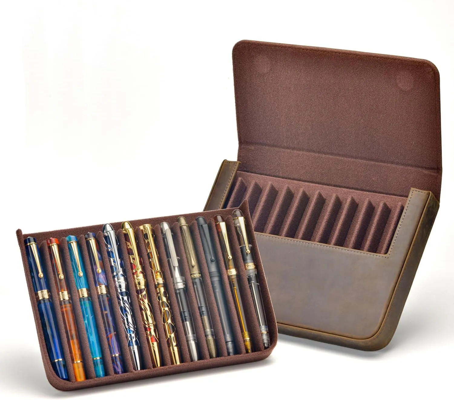 Lanxivi 12 Fountain Pen Case Genuine Leather Organizer, Crazy Horse Cowhide Leather Portable Pen Bag Pouch Drawer Style