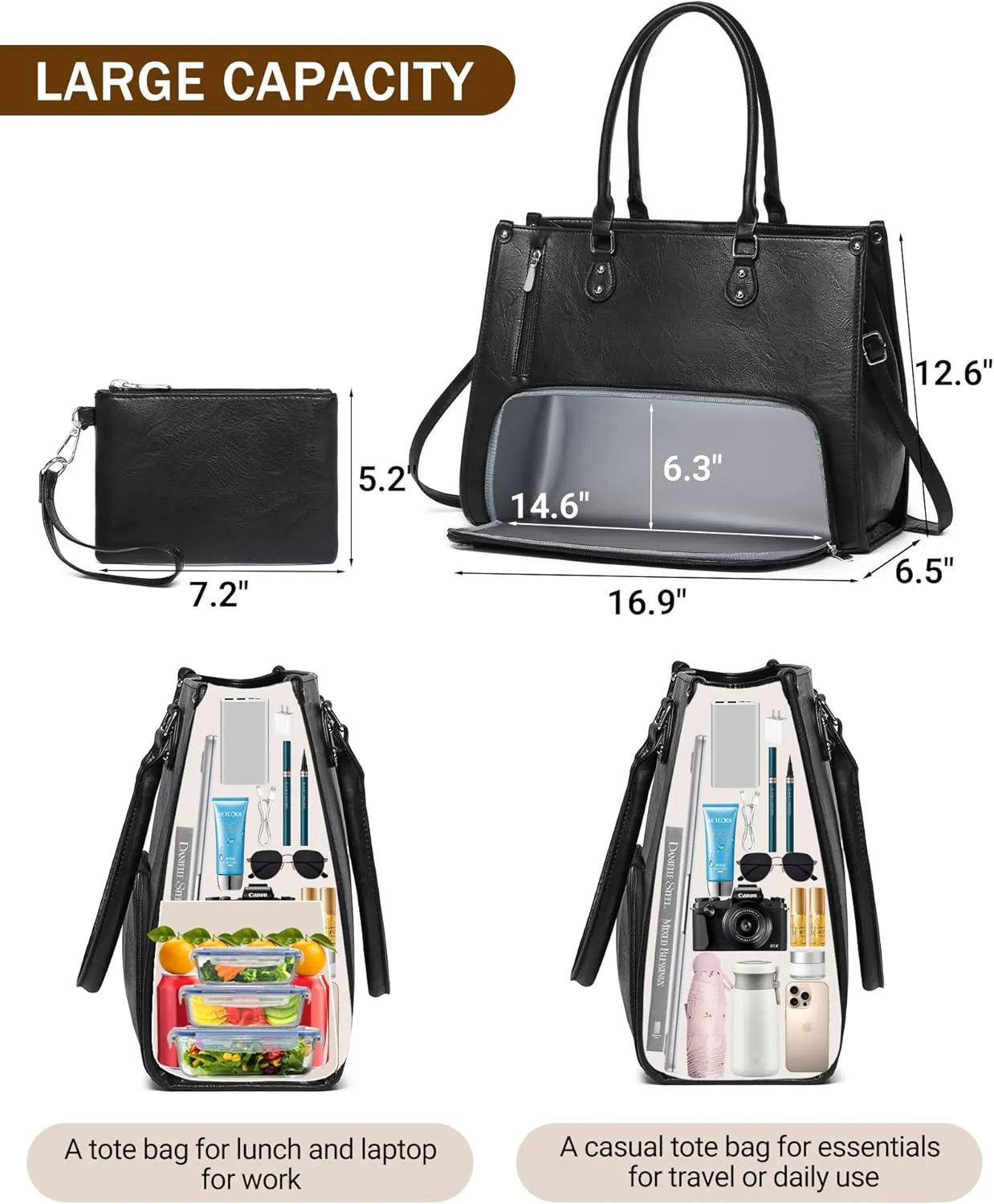 Laptop Tote Bag with Insulated Lunch Compartment for Women Work, PU Leather Lunch Bag with 15.6 Inch Computer Compartment