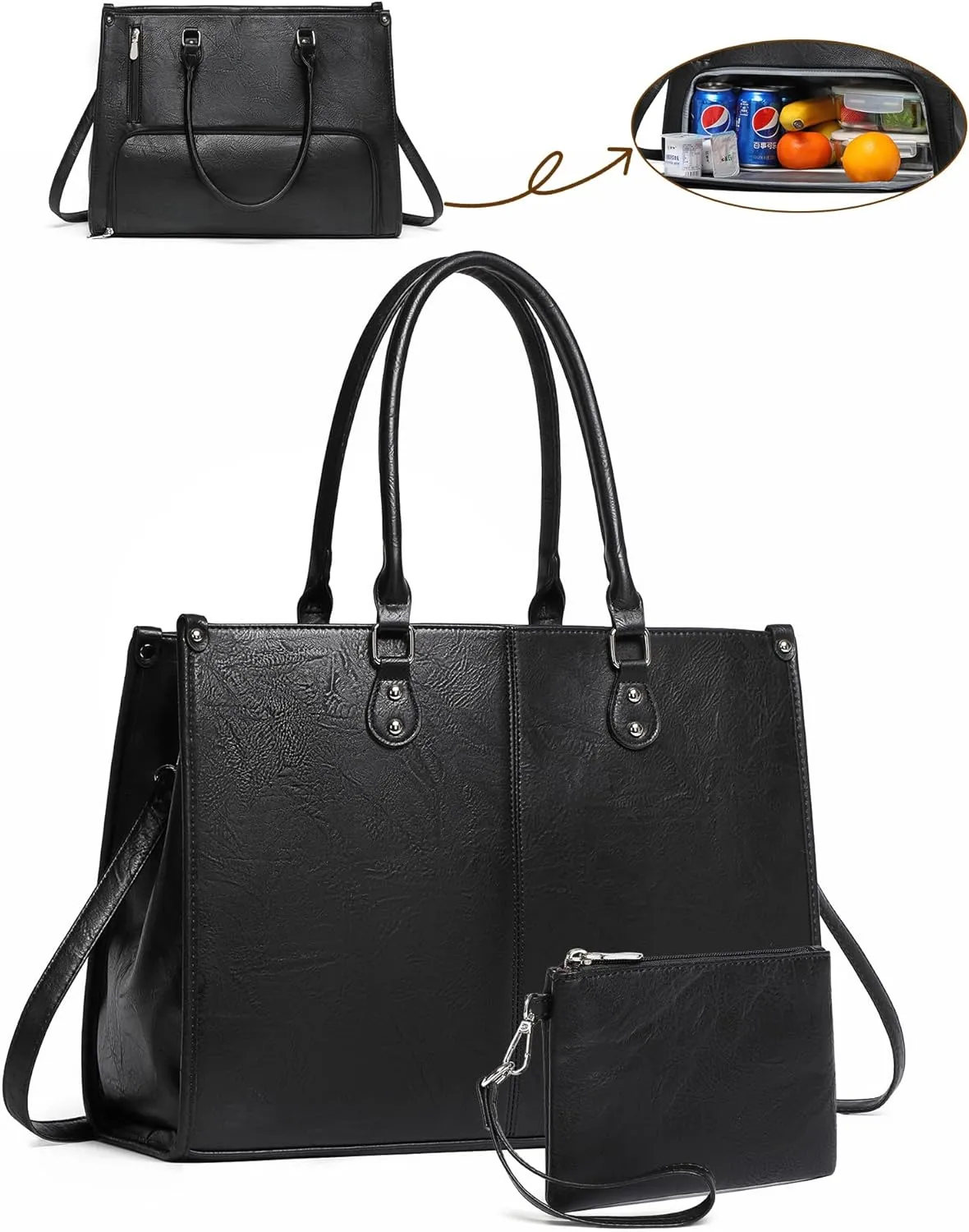 Laptop Tote Bag with Insulated Lunch Compartment for Women Work, PU Leather Lunch Bag with 15.6 Inch Computer Compartment