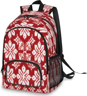 Large Capacity Backpack for Women, Christmas Snowflake Travel Backpack Carry On Backpack Waterproof Backpack Red Ethnic Pattern Book Bags With Chest Strap Weekender Business Hiking Bag for Women Men