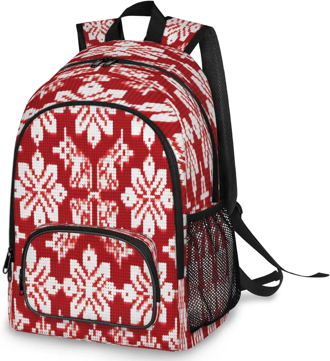 Large Capacity Backpack for Women, Christmas Snowflake Travel Backpack Carry On Backpack Waterproof Backpack Red Ethnic Pattern Book Bags With Chest Strap Weekender Business Hiking Bag for Women Men
