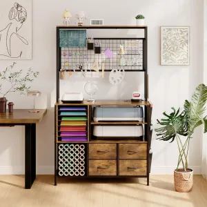 Large Craft Organization and Storage Cabinet Compatible with Cricut Machines, Craft Table with Charging Station Crafting Desk with Tools Accessories Organizer with Vinyl Holder (Rustic Brown)