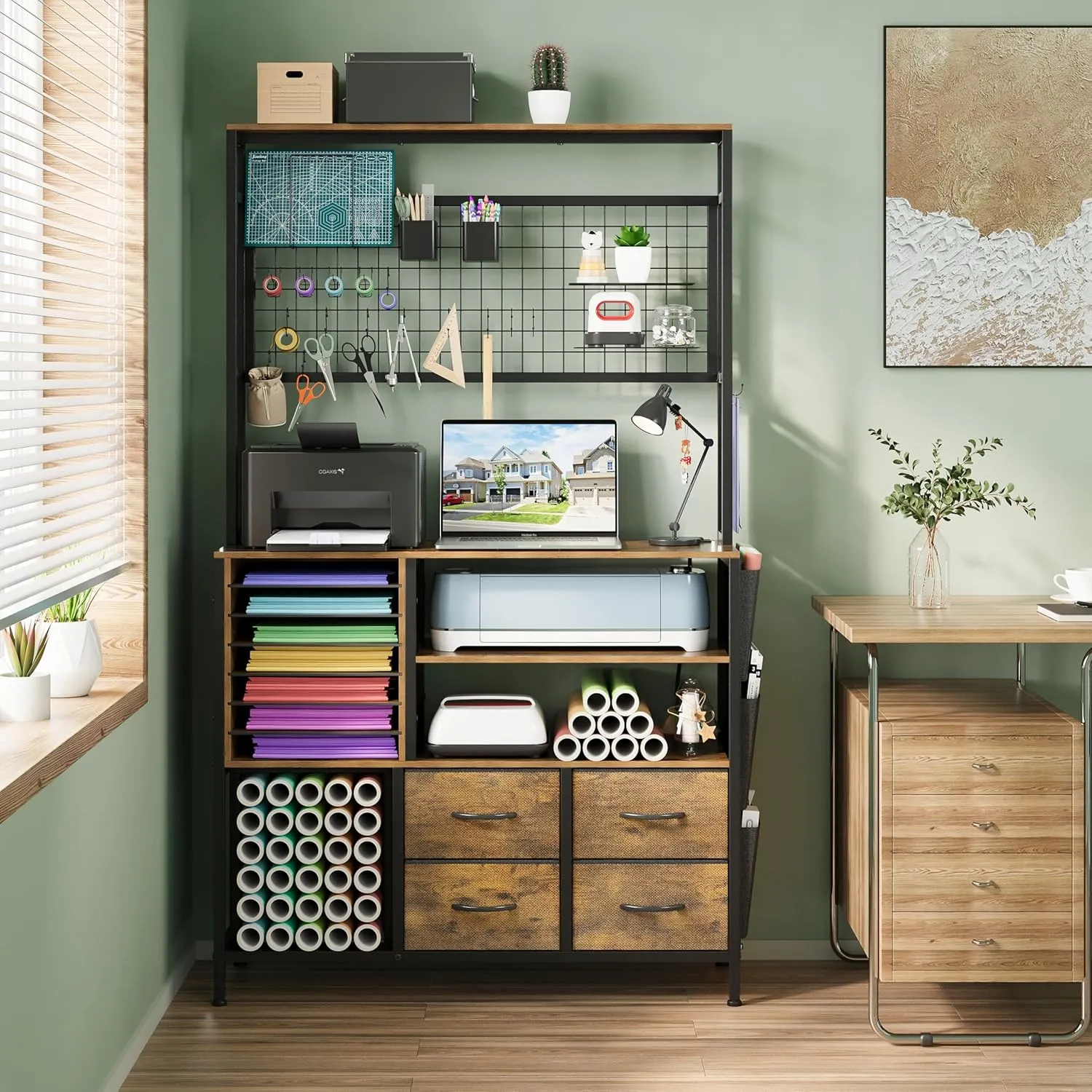 Large Craft Organization and Storage Cabinet Compatible with Cricut Machines, Craft Table with Charging Station Crafting Desk with Tools Accessories Organizer with Vinyl Holder (Rustic Brown)
