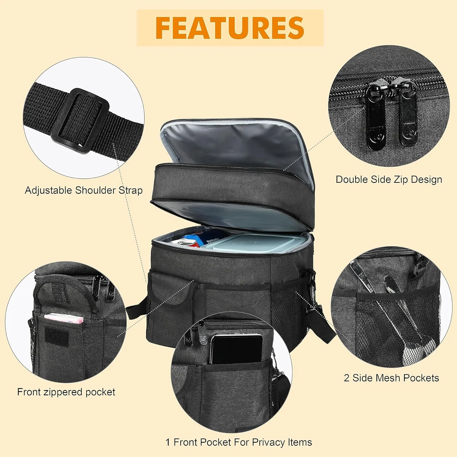 Large Insulated Lunch Box for Women and Men, Double-Layer Leak-Proof Reusable Lunch Bag with 4 Pockets for Adults, Lunch Bag Cooler Tote for Office Work and Travel, BLACK