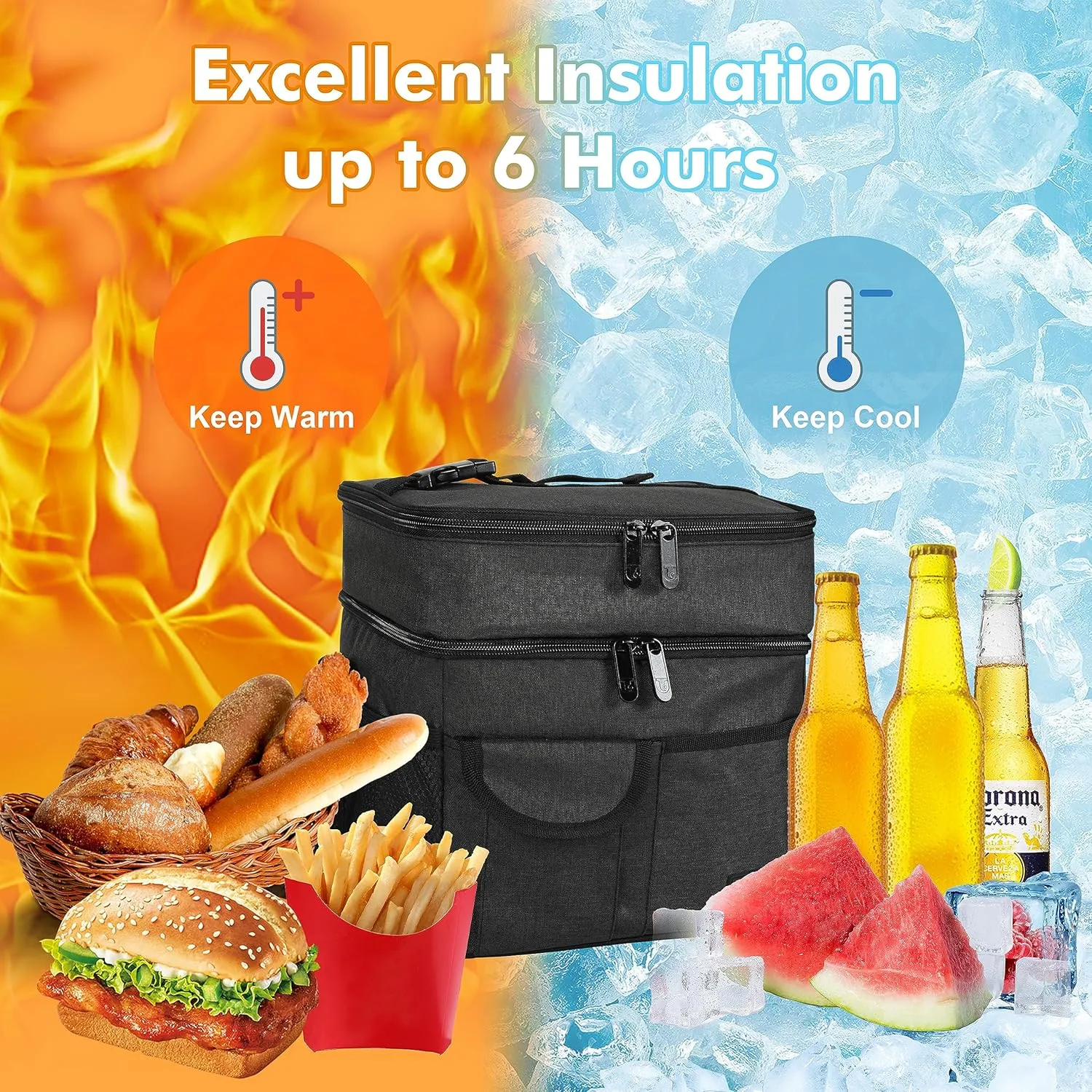 Large Insulated Lunch Box for Women and Men, Double-Layer Leak-Proof Reusable Lunch Bag with 4 Pockets for Adults, Lunch Bag Cooler Tote for Office Work and Travel, BLACK