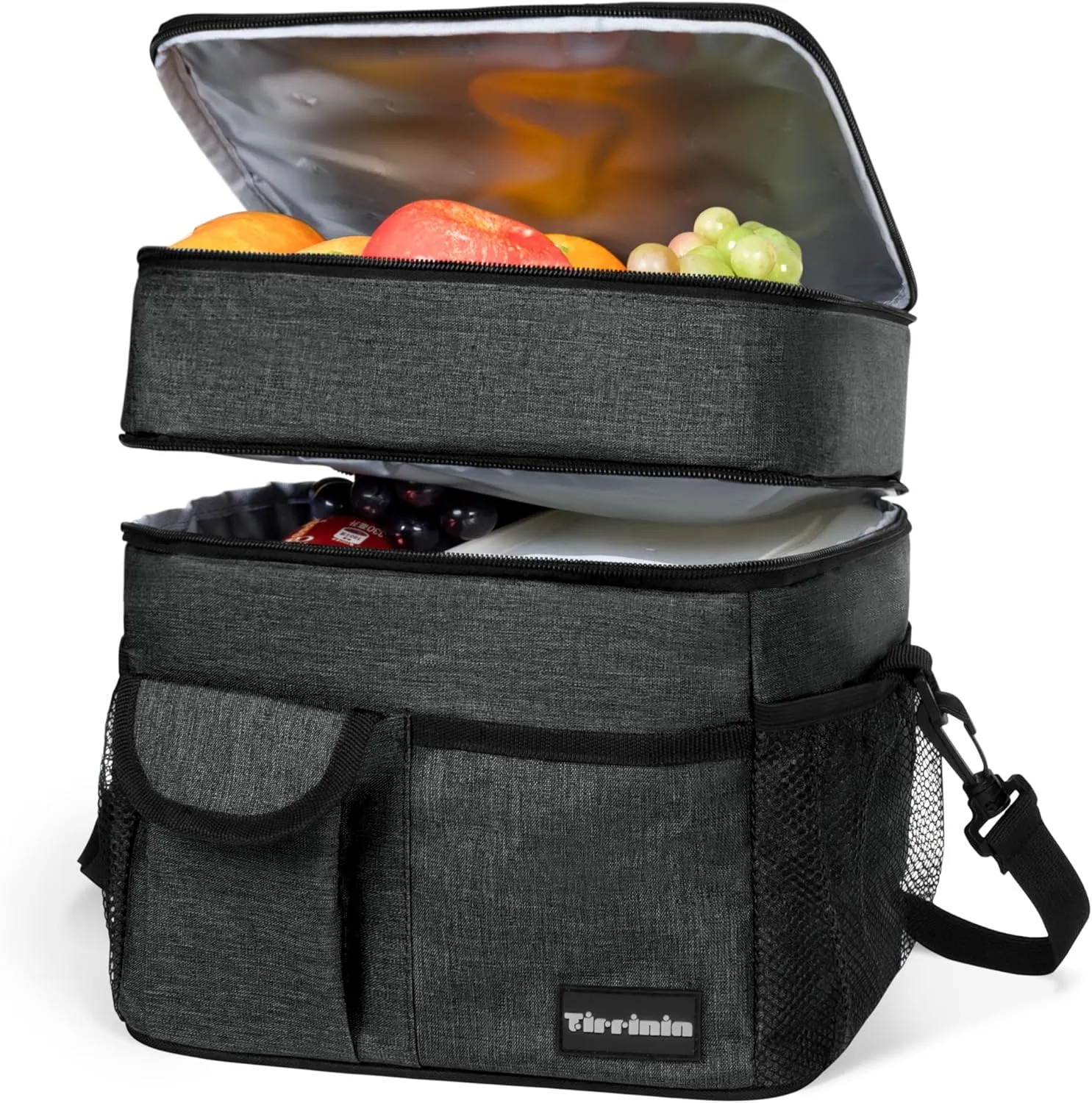 Large Insulated Lunch Box for Women and Men, Double-Layer Leak-Proof Reusable Lunch Bag with 4 Pockets for Adults, Lunch Bag Cooler Tote for Office Work and Travel, BLACK