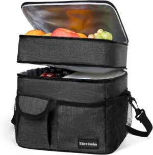Large Insulated Lunch Box for Women and Men, Double-Layer Leak-Proof Reusable Lunch Bag with 4 Pockets for Adults, Lunch Bag Cooler Tote for Office Work and Travel, BLACK