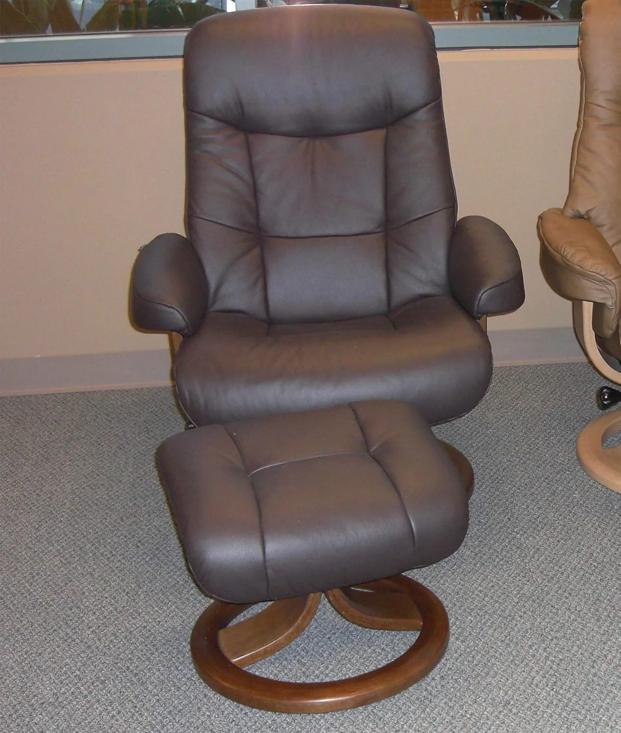 Large Leather Swivel Recliner Chair with Ottoman in Havana Dark Brown NL 120 Nordic Line Leather with a Espresso Wood Stain Base