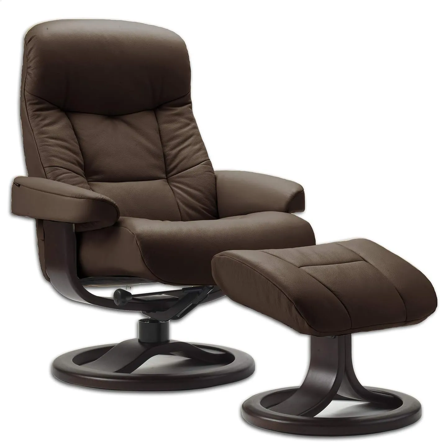 Large Leather Swivel Recliner Chair with Ottoman in Havana Dark Brown NL 120 Nordic Line Leather with a Espresso Wood Stain Base