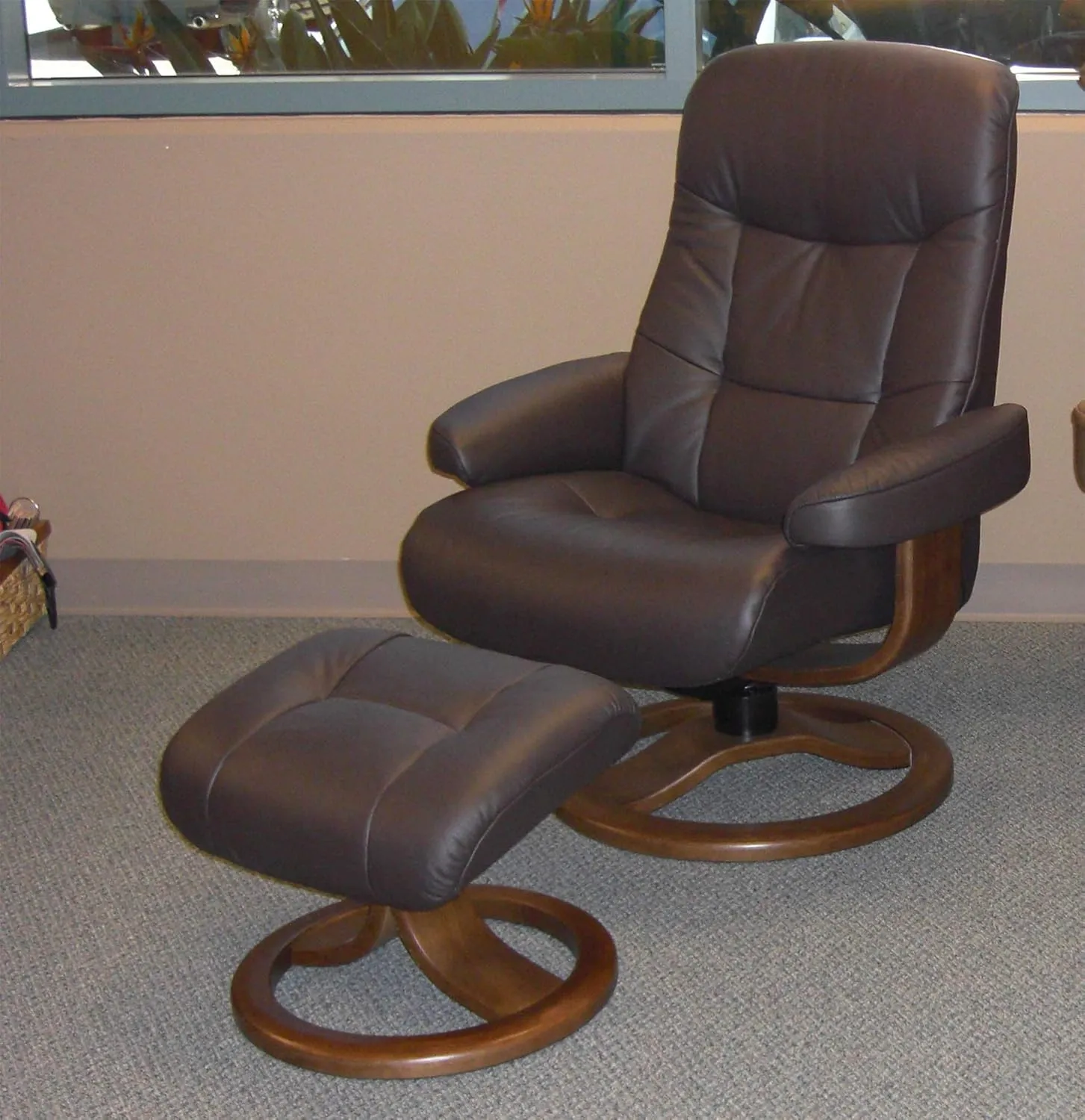 Large Leather Swivel Recliner Chair with Ottoman in Havana Dark Brown NL 120 Nordic Line Leather with a Espresso Wood Stain Base