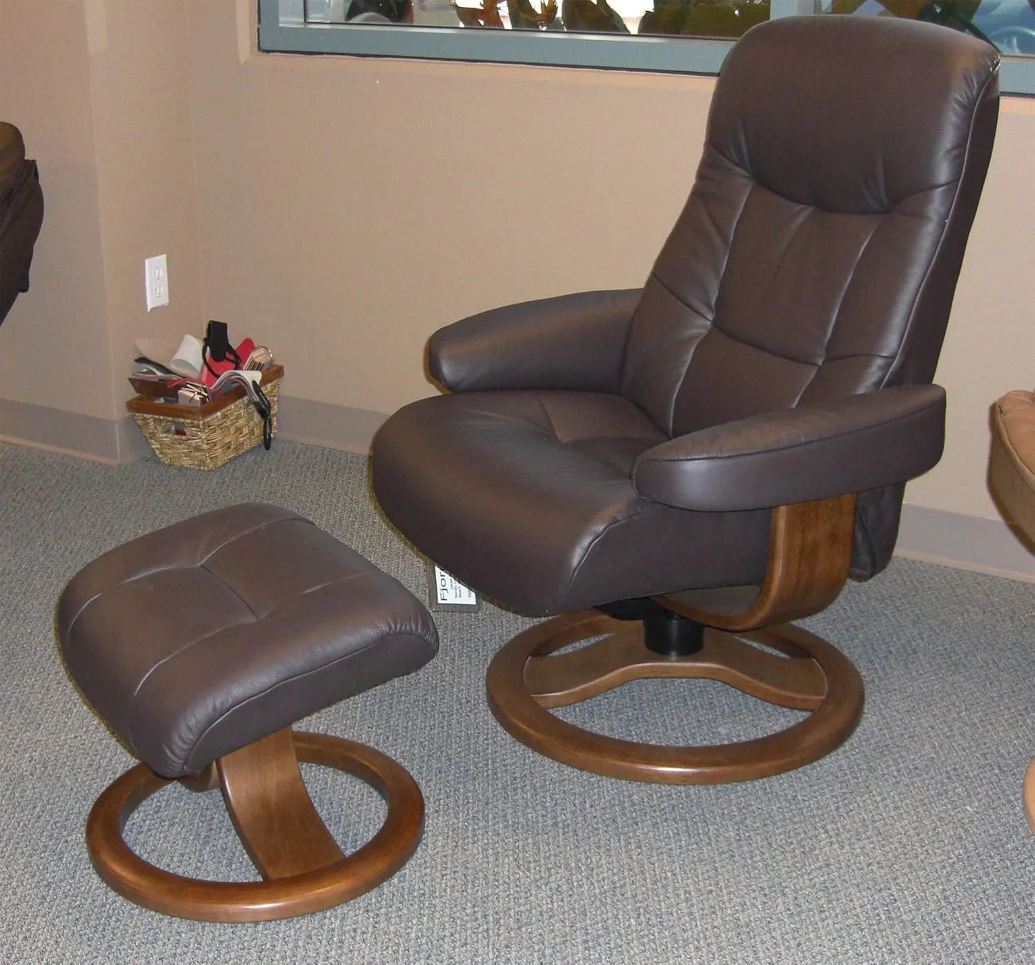 Large Leather Swivel Recliner Chair with Ottoman in Havana Dark Brown NL 120 Nordic Line Leather with a Espresso Wood Stain Base