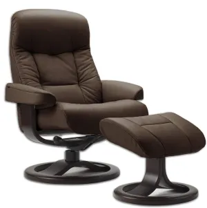 Large Leather Swivel Recliner Chair with Ottoman in Havana Dark Brown NL 120 Nordic Line Leather with a Espresso Wood Stain Base