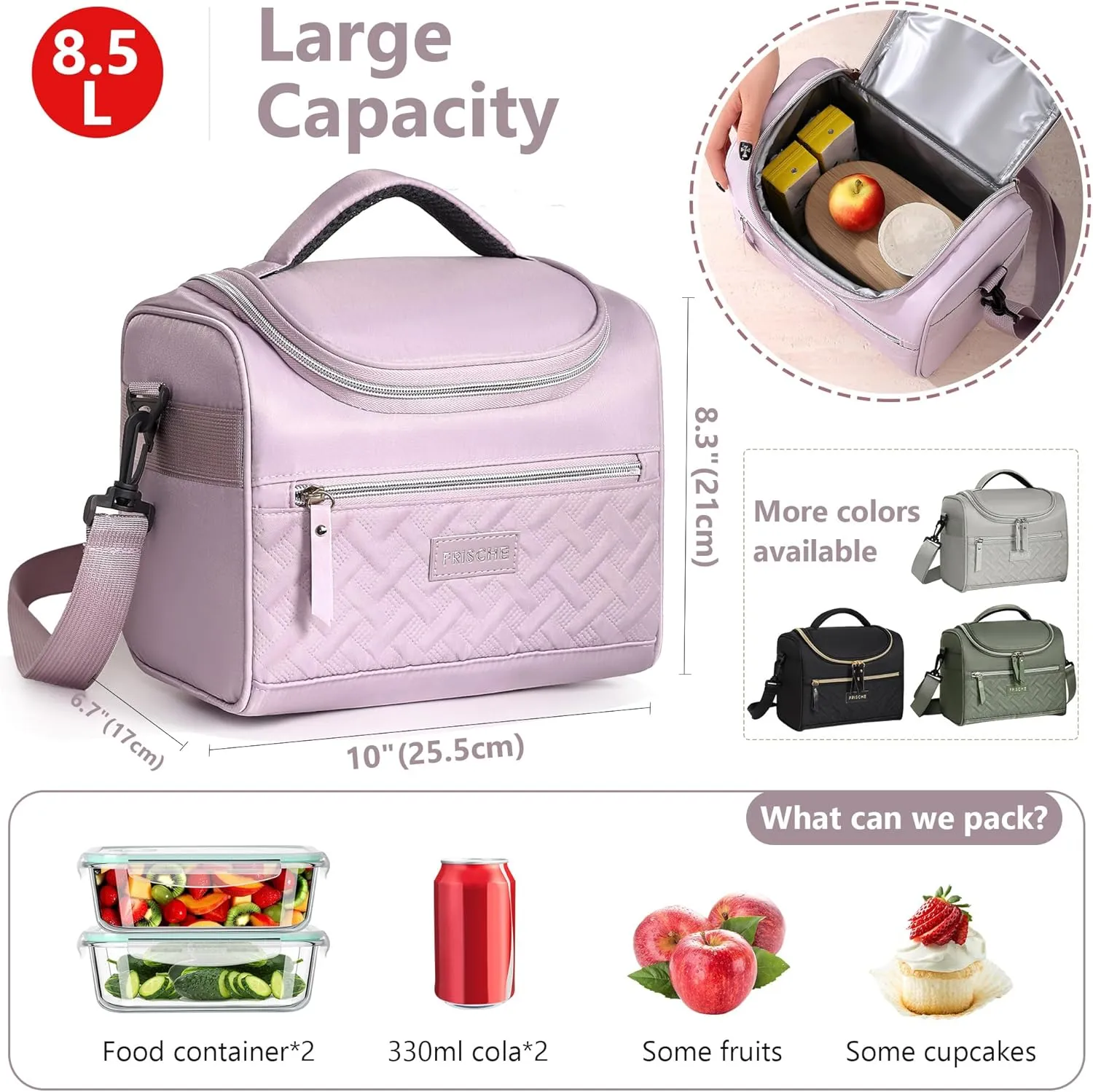 Large Lunch Bag Reusable, 8.5L Insulated Lunch Box with Adjustable Shoulder Strap, Soft Cooler Bag Leak-proof Insulation, Women's Insulated Lunch Bag for Work, Picnic, Travel (Purple)