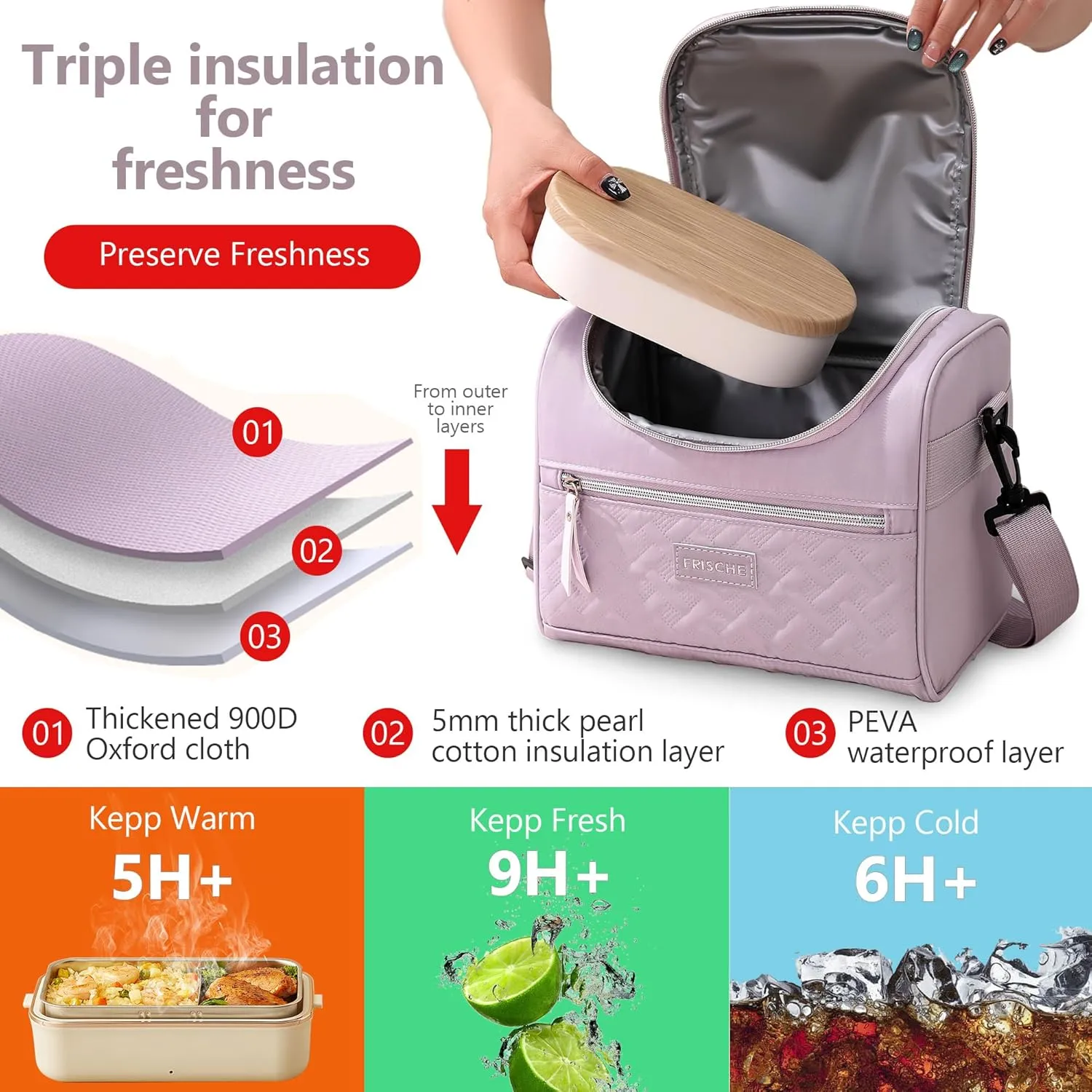 Large Lunch Bag Reusable, 8.5L Insulated Lunch Box with Adjustable Shoulder Strap, Soft Cooler Bag Leak-proof Insulation, Women's Insulated Lunch Bag for Work, Picnic, Travel (Purple)