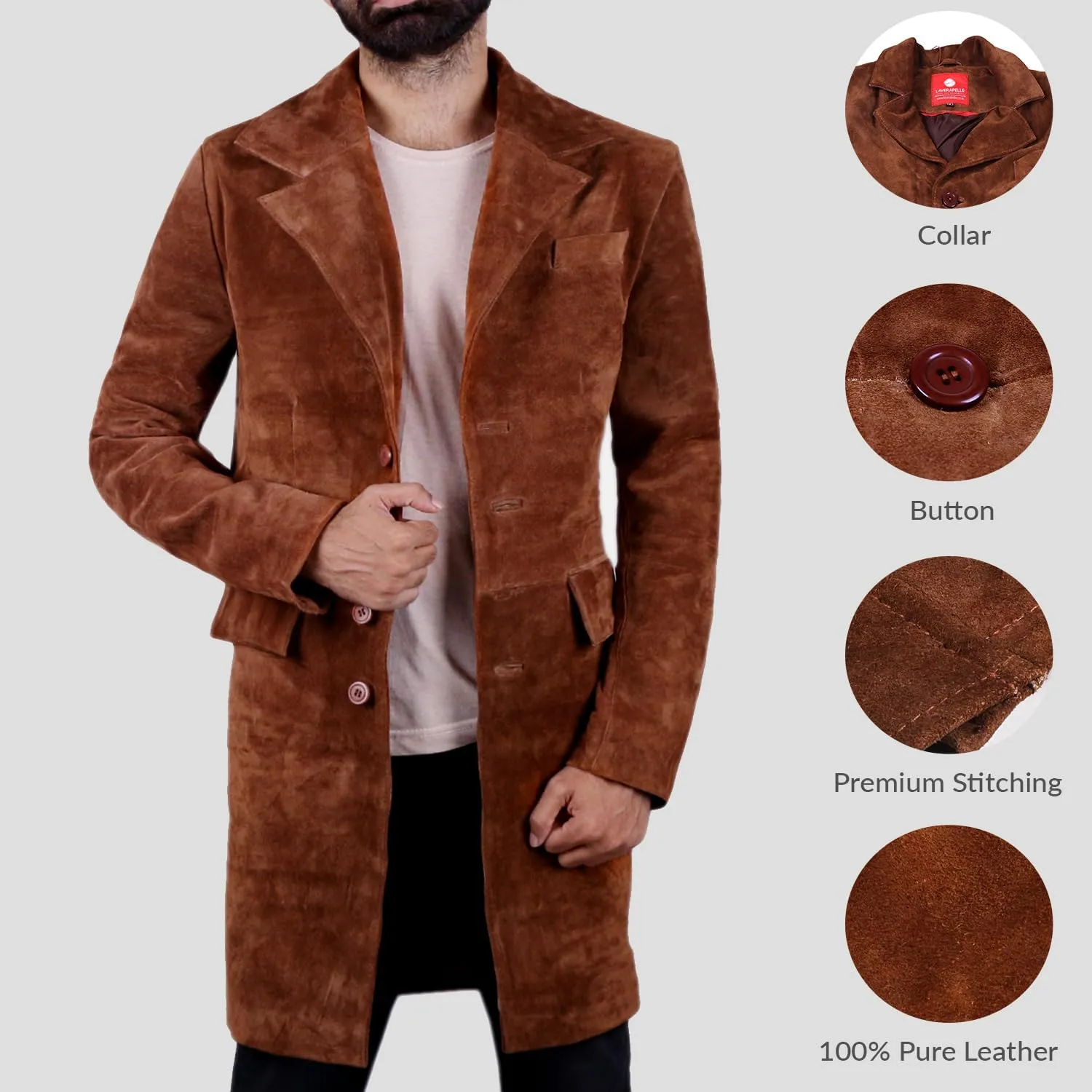 Laverapelle Men's Genuine Cow Suede Leather Long Coat (Black, Over Coat) - 1502302