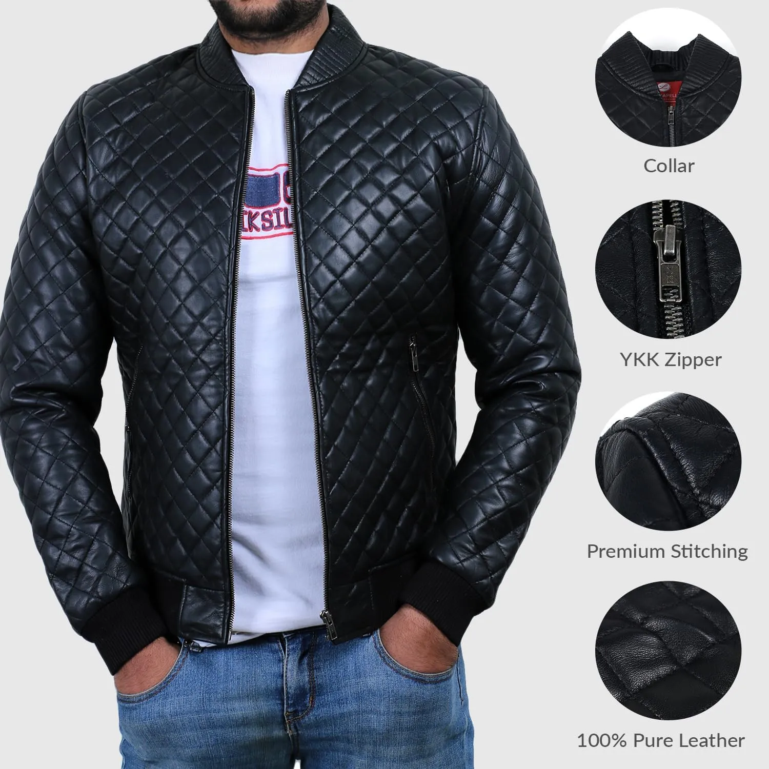 Laverapelle Men's Genuine Lambskin Leather Jacket (Black, Bomber Jacket) - 1801006