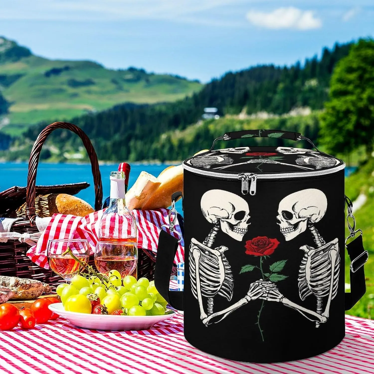 Leak Proof Rose Flower Skull Love Skeleton Insulated Cooling Pack Easy to Carry, Collapsible Backpack Cooler for Outdoor Picnic Lunch Hiking Camping