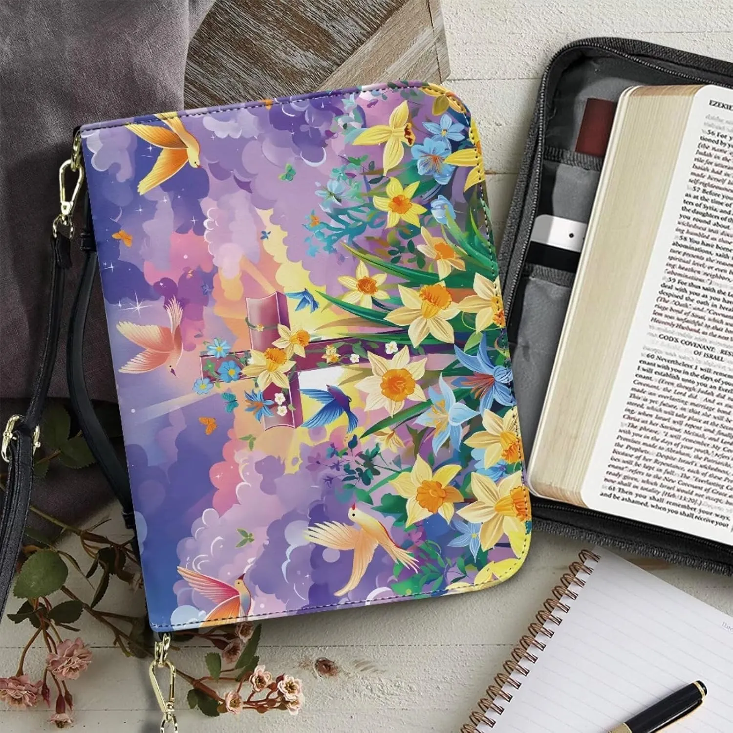 Leather Bible Case for Women Bible Cover Tote Bag with Removable Shoulder Strap, Bible Carrying Case for Church Large Zippered Book Bible Protector,Floral Cross,M
