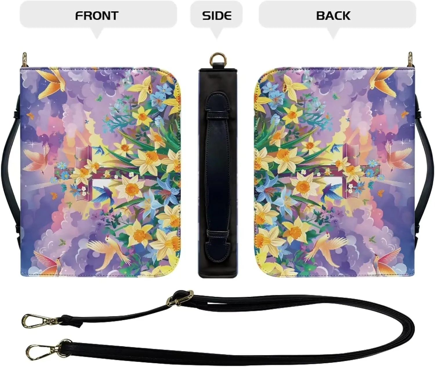 Leather Bible Case for Women Bible Cover Tote Bag with Removable Shoulder Strap, Bible Carrying Case for Church Large Zippered Book Bible Protector,Floral Cross,M