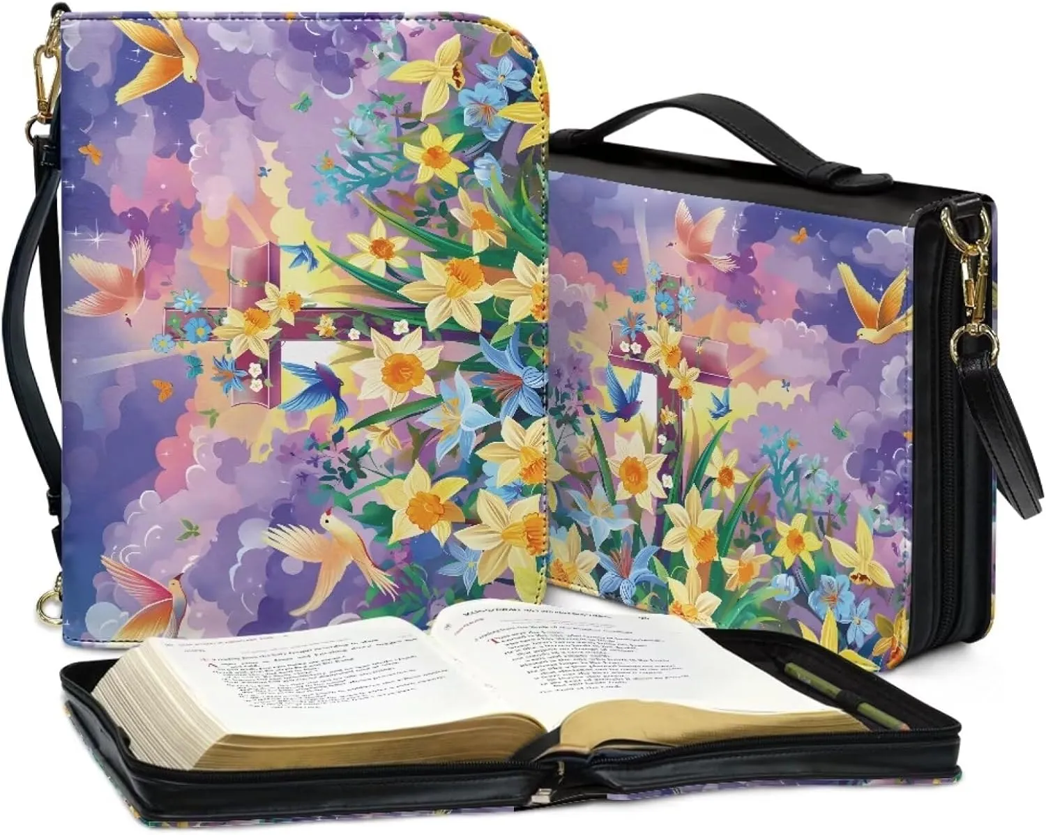 Leather Bible Case for Women Bible Cover Tote Bag with Removable Shoulder Strap, Bible Carrying Case for Church Large Zippered Book Bible Protector,Floral Cross,M