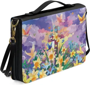 Leather Bible Case for Women Bible Cover Tote Bag with Removable Shoulder Strap, Bible Carrying Case for Church Large Zippered Book Bible Protector,Floral Cross,M