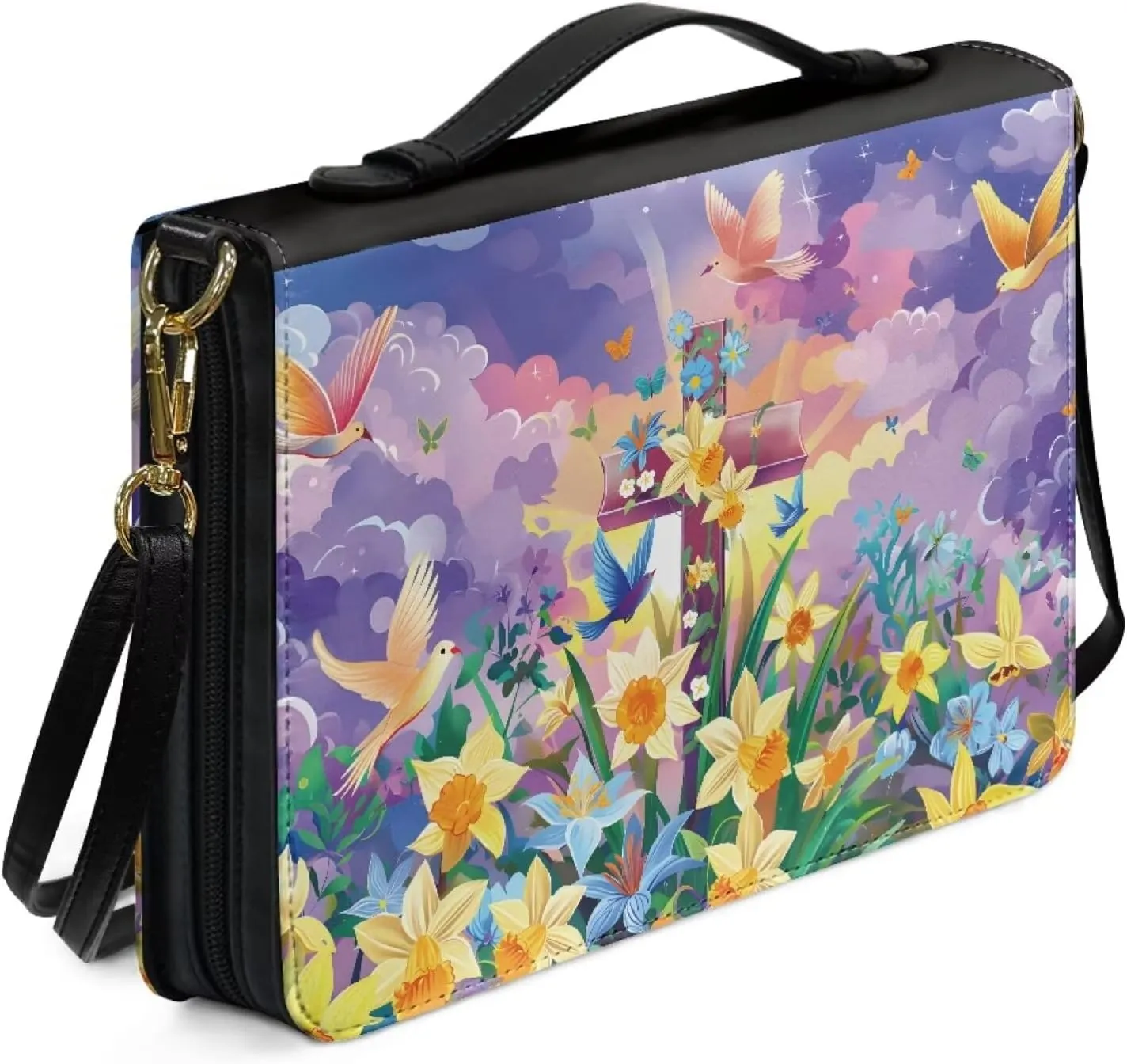 Leather Bible Case for Women Bible Cover Tote Bag with Removable Shoulder Strap, Bible Carrying Case for Church Large Zippered Book Bible Protector,Floral Cross,M