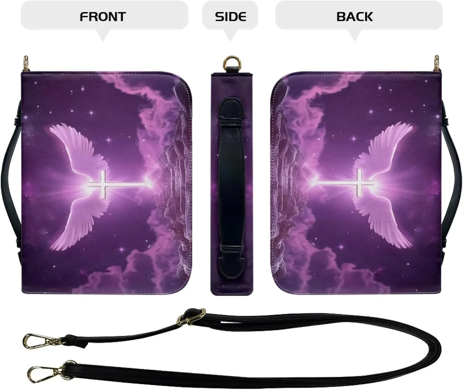 Leather Bible Cover Case for Women Purple Bible Tote Bag with Detachable Shoulder Strap, Bible Carrying Case for Church Extra Large Bible Protector,Angel Wings Cross,XL