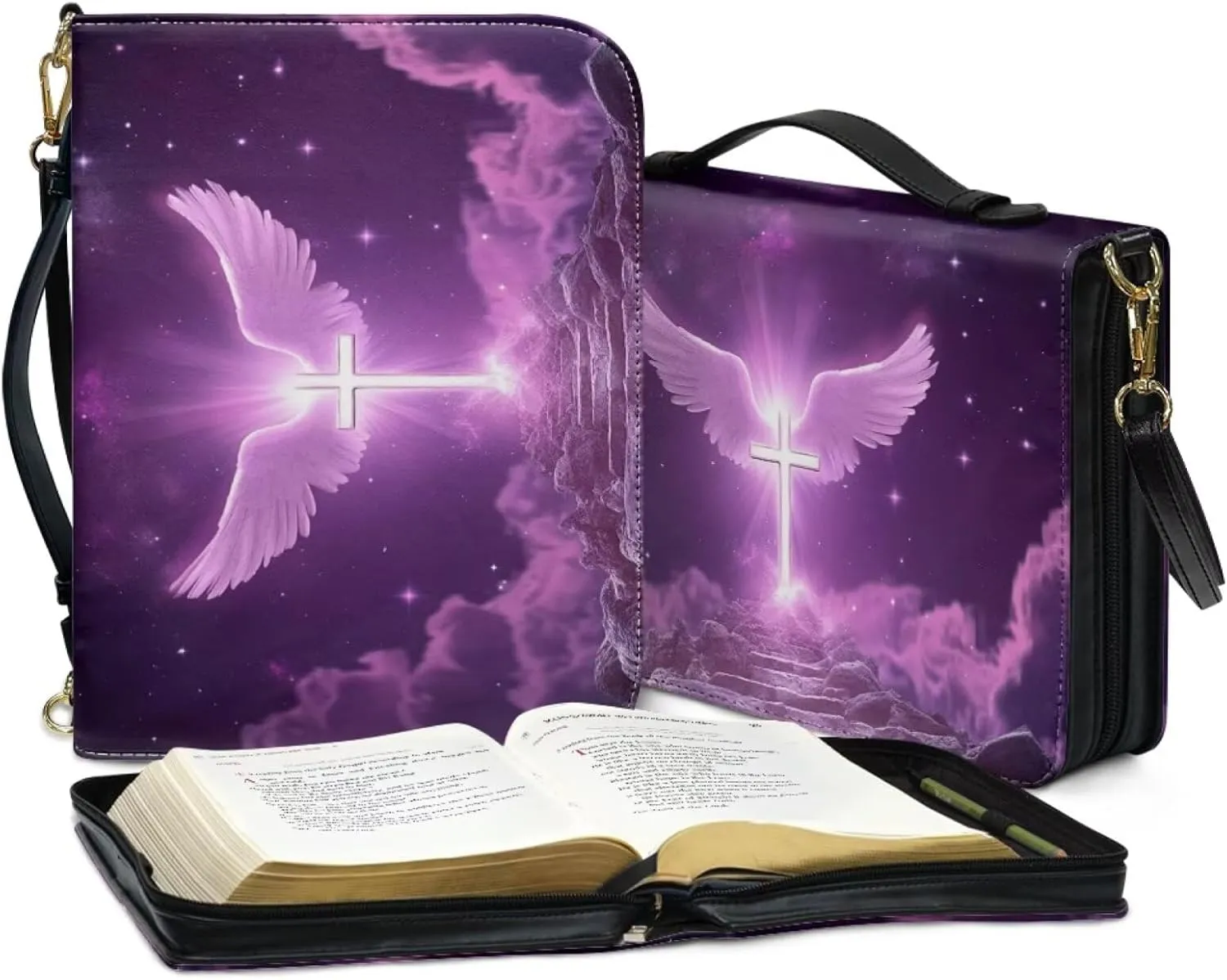 Leather Bible Cover Case for Women Purple Bible Tote Bag with Detachable Shoulder Strap, Bible Carrying Case for Church Extra Large Bible Protector,Angel Wings Cross,XL