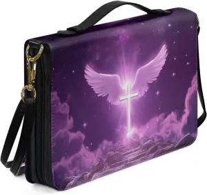 Leather Bible Cover Case for Women Purple Bible Tote Bag with Detachable Shoulder Strap, Bible Carrying Case for Church Extra Large Bible Protector,Angel Wings Cross,XL