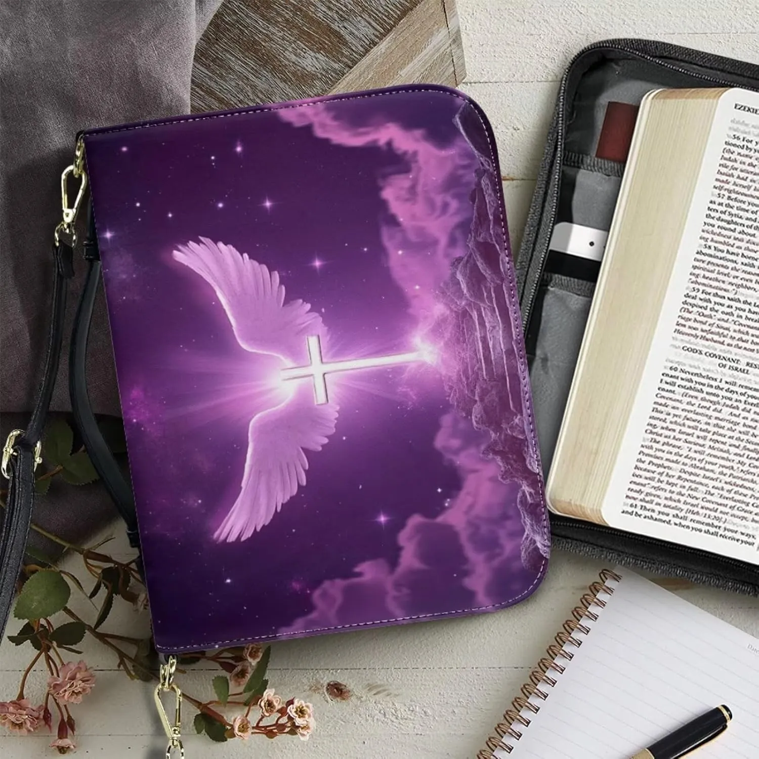 Leather Bible Cover Case for Women Purple Bible Tote Bag with Detachable Shoulder Strap, Bible Carrying Case for Church Extra Large Bible Protector,Angel Wings Cross,XL