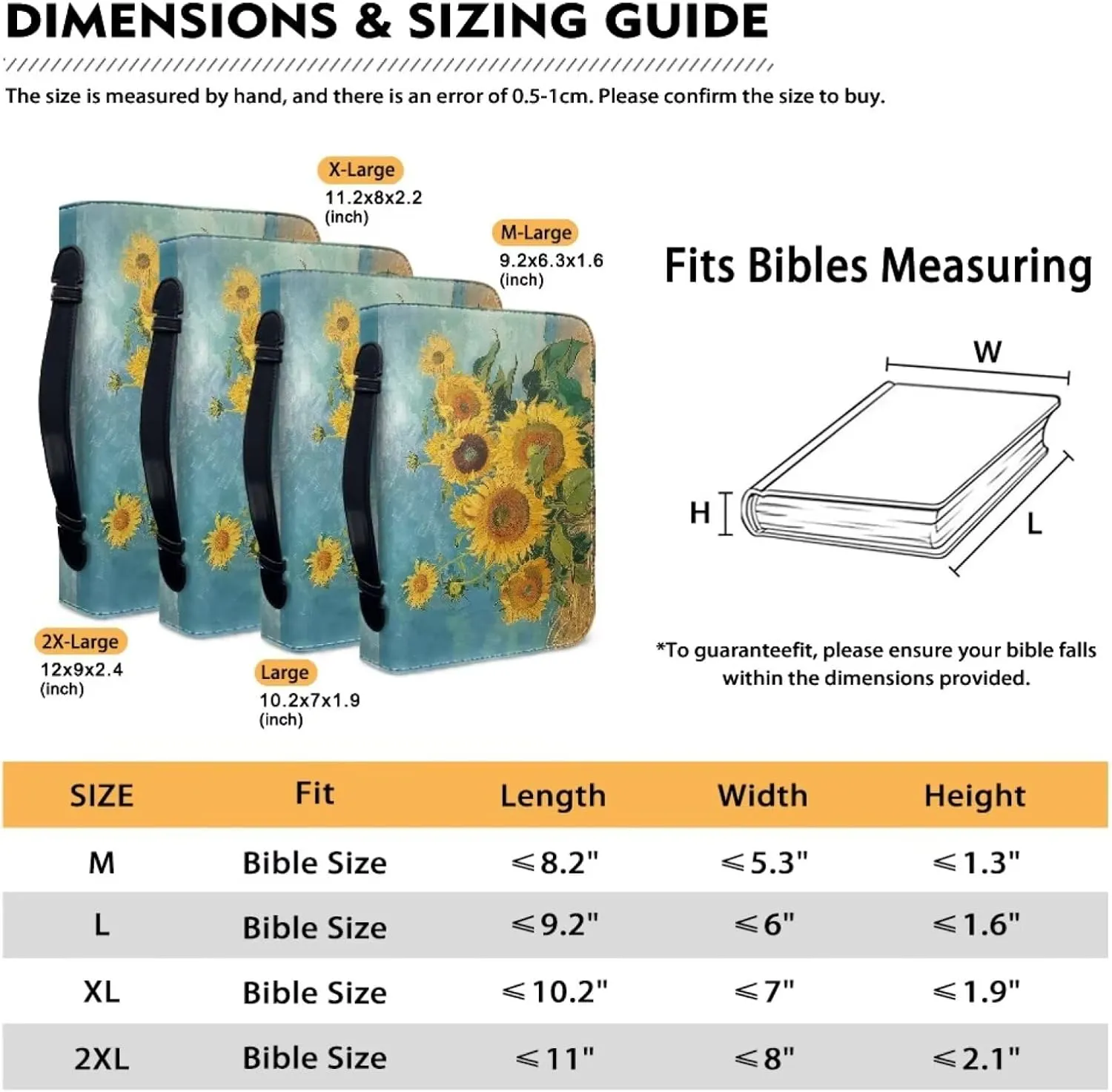 Leather Bible Cover for Women, Bible Holder, Bible Cover Carrier Carrying Organizer Bag, Gift for Women Girl Kid,Van Gogh's Sunflowers,L