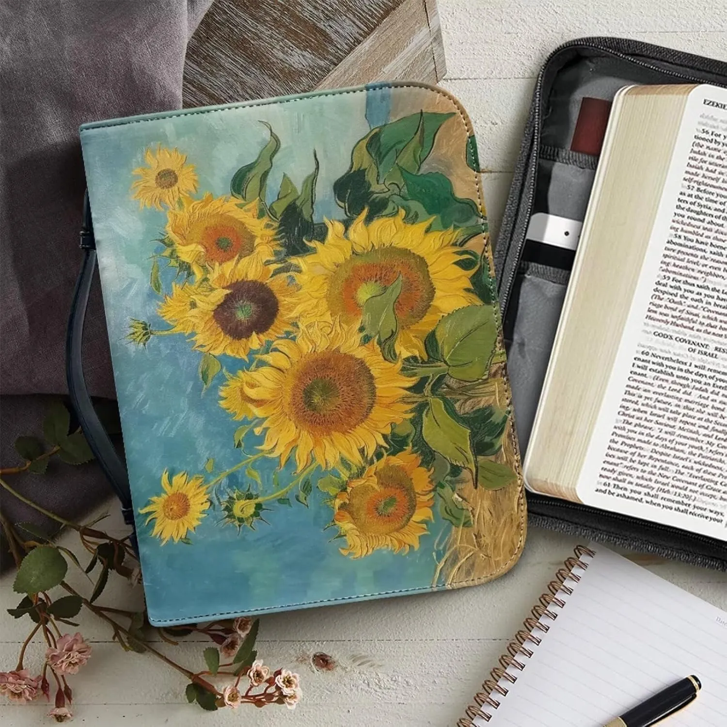 Leather Bible Cover for Women, Bible Holder, Bible Cover Carrier Carrying Organizer Bag, Gift for Women Girl Kid,Van Gogh's Sunflowers,L